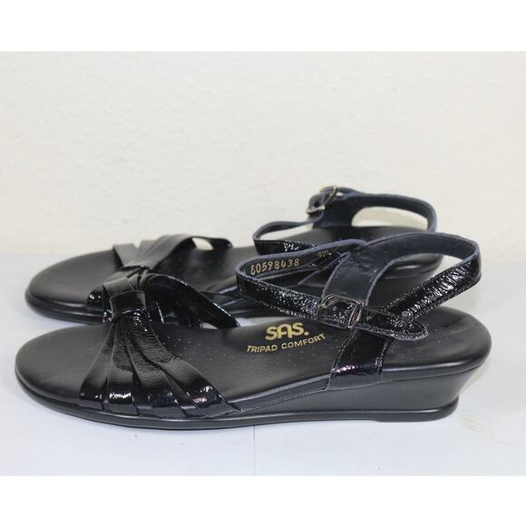 SAS Strippy Quarter Strap Wedge Black Patent Leather Sandals Strappy Knot 7WW - Picture 1 of 5